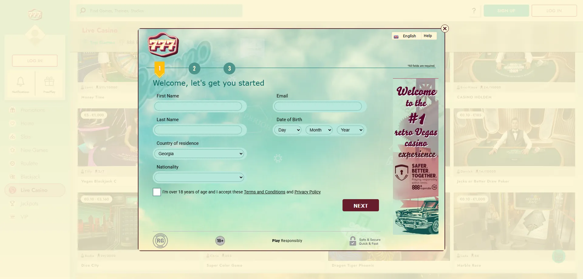 777 Casino sign up registration form — create account in 3 steps